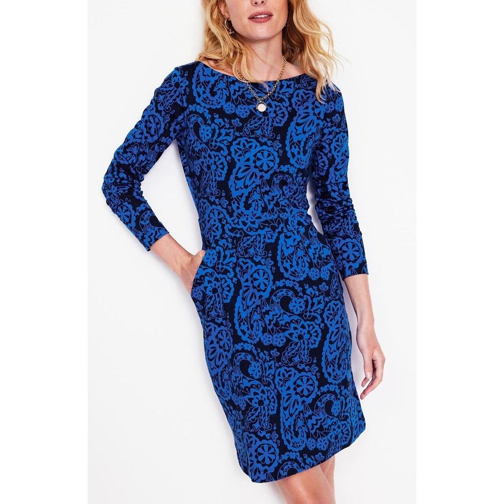 Boden Florrie Cotton Jersey Paisley Dress Size 12R Blue Casual Vacation Coastal